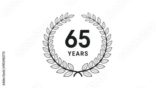 Hand-drawn black and white laurel wreath containing sixty five years text for a milestone anniversary or retirement celebration.