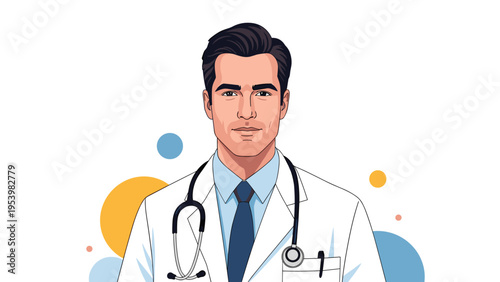 Realistic portrait of a handsome male doctor wearing a professional white coat and stethoscope over an abstract background.