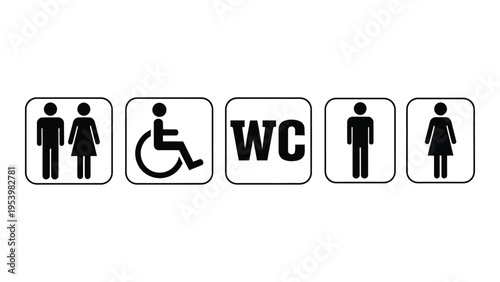 A row of black restroom symbols depicting men women and accessibility options