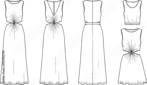 Women sleeveless maxi dress technical drawing set with front and back views waist detail fashion flat sketch vector for clothing design