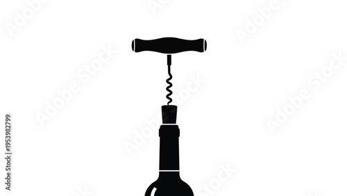 Minimalist black silhouette of a corkscrew opening a wine bottle isolated on a plain white background for food and drink art.