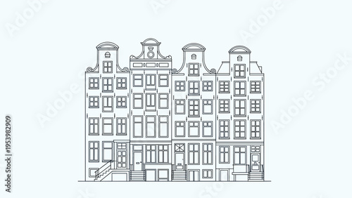Simple black line drawing of four traditional narrow Amsterdam canal houses with different gabled roofs on a white background.