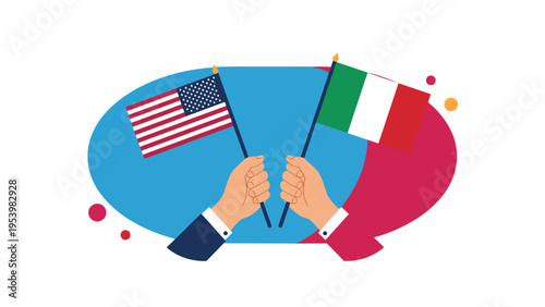 Two hands hold the national flags of the United States and Italy against a bright blue and pink speech bubble background for diplomacy goals.