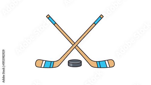 Pair of crossed ice hockey sticks with blue accents is shown with a black puck on a white background for sports competition and team play.