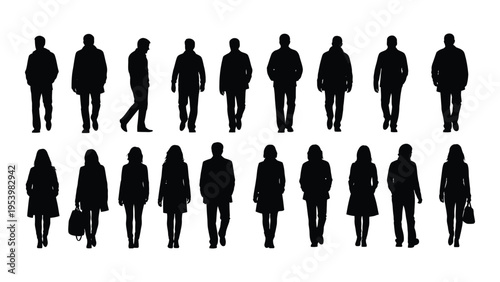 Silhouettes of diverse people walking forward in a line representing a crowd