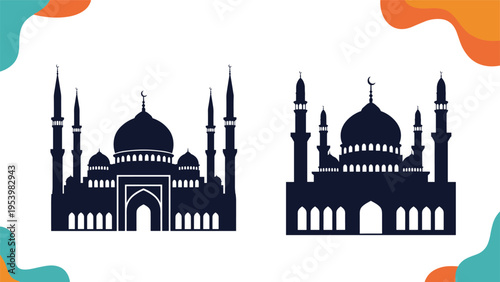 Black silhouettes of two majestic mosques with intricate domes and tall minarets are illustrated on a white background with colorful accents.