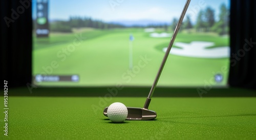 A golf ball and putter on an indoor putting mat with a large screen displaying a virtual golf course behind it. Perfect for indoor practice, simulation games, and swing training.