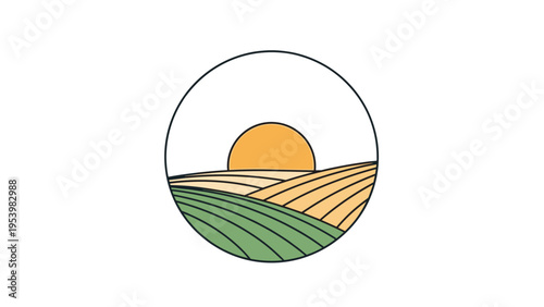 Graphic illustration shows a bright orange sun rising or setting over neatly cultivated green and tan agricultural fields within a circle.