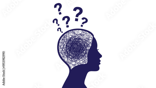 Silhouette of a head contains a mess of tangled lines representing chaotic thoughts, with several dark blue question marks floating above.