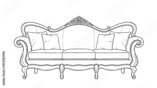 Exquisite line art illustration shows a classic vintage sofa with ornate carved details and plush cushions for traditional interior themes.