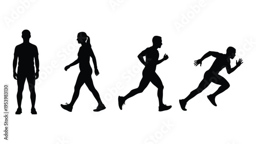 Silhouettes of four people demonstrate the progression of a human running stride