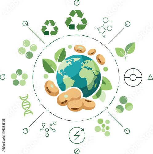 Sustainable soybean agriculture concept with earth leaves recycling symbols and eco friendly bio production vector illustration