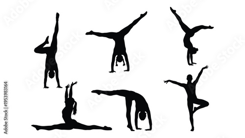 Silhouettes of gymnasts performing various acrobatic poses and stretches high quality