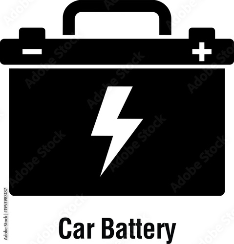 Minimalist Car Battery Vector Icon with Handle, Positive Negative Terminals, and Lightning Bolt Symbol Solid Black Glyph Illustration with Text Label below
