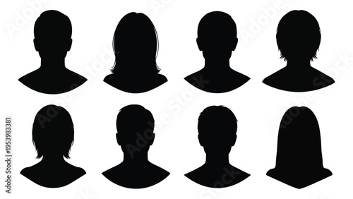 Collection of anonymous human head silhouettes with varying hairstyles high quality