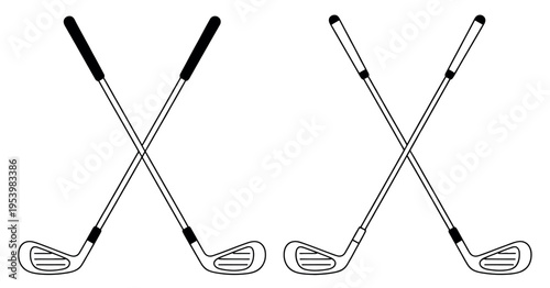 Golf Clubs Crossed Illustration Featuring Iron Club Design Silver Shaft Black Grip Angled Clubhead Golf Sport Equipment Vector