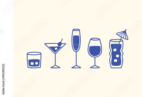 Minimalist Blue Line Cocktail Glasses Set Hand Drawn Drink Icons Vector Illustration