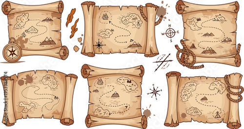 Pirate treasure map collection with vintage scrolls compass rope and island routes adventure vector illustration set