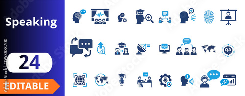 Speaking communication flat icons set. speech, dialogue, voice recognition, presentation, education, teamwork, webinar, microphone, translation, global, QA