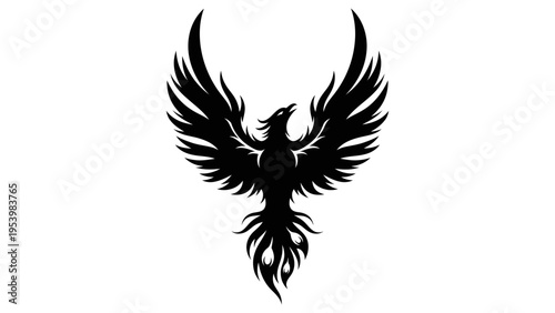 Black silhouette of a phoenix bird with wings spread wide upwards