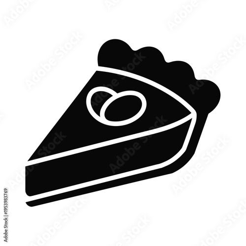 Slice of pie icon, black and white, representing dessert, baking, and sweet treats for holidays, white background