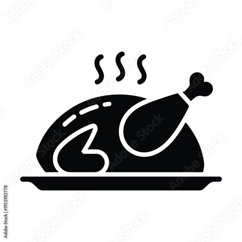 Stylized icon of a roasted chicken on a platter, steam rising, symbolizing a hot meal or holiday feast, black and white