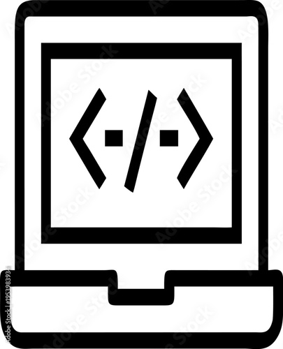 Line art icon of a laptop with coding symbols
