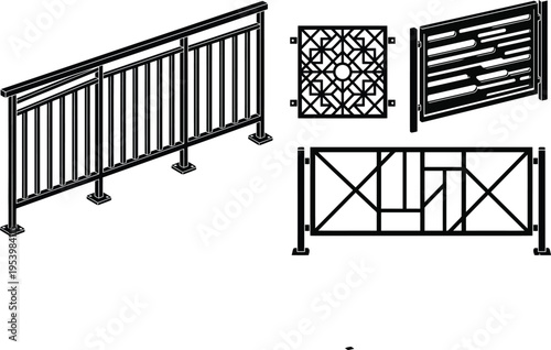 Various styles of modern black metal balcony railings and fencing panels. Black Metal Fences isolated on transparent background