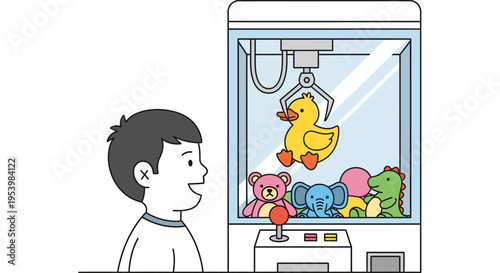 Boy watches a claw machine filled with stuffed toys.