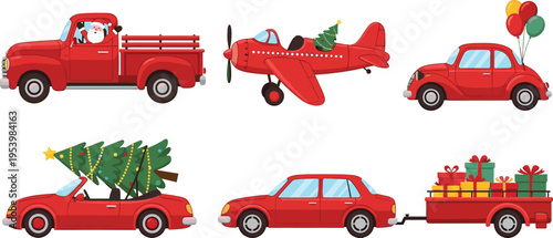 Christmas vehicles vector illustration, red cars truck airplane with tree gifts balloons and Santa festive transport collection for holiday celebration design