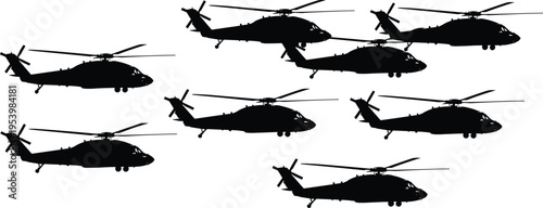 Military helicopter silhouettes formation, combat aircraft fleet, aviation transport vehicles, army air force concept, black vector illustration isolated design set