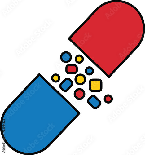 A minimalist vector illustration of a medicine capsule split open, red and blue halves, with colorful geometric pills spilling out. Thick black outlines,