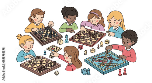 Children playing chess and board games together.