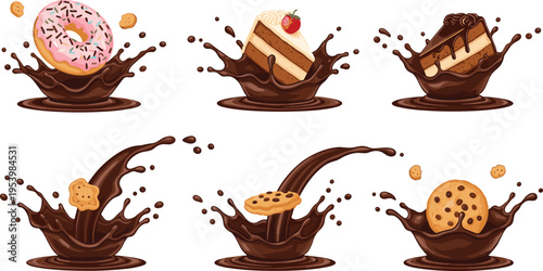Desserts splashing in chocolate collection with donut cake cookie and biscuit sweet food vector illustration set
