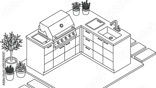 Luxury outdoor kitchen island design featuring a built-in grill, sink, and cabinetry from brands. Modern isometric kitchen design with minimalist aesthetics. 