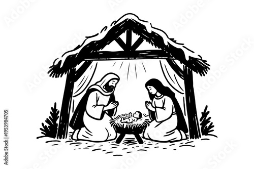 Hand-drawn nativity scene with Mary, Joseph, and baby Jesus in stable, black and white sketch style on white background, symbol of Christmas birth