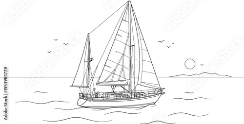 Black and white line drawing of a sailboat on the water, likely intended as a coloring page. 