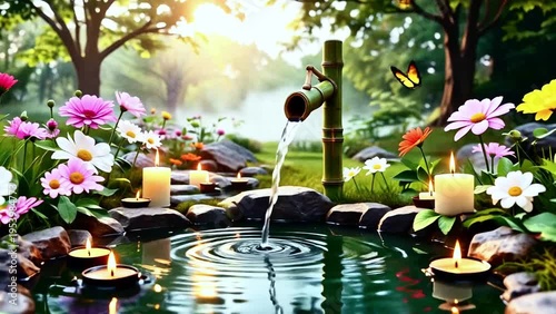 Relaxing zen meditation garden with flowing water and candle light - spa background, relaxing music background