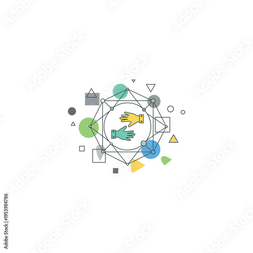 Hands shaking in the middle of geometric shapes.