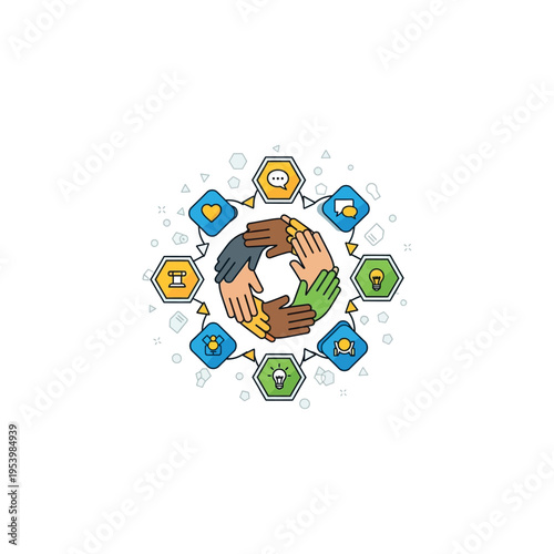 Hands Holding Earth with Icons Around.