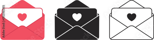 Love letter envelope icons set with heart symbols in colorful and outline styles, romantic mail illustration isolated on gray background
