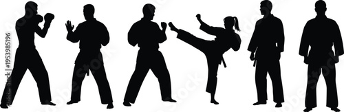Martial arts silhouette set with karate fighters, kicking pose, self-defense stances, and combat training illustrations isolated on white background