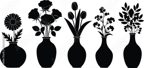 Black silhouette flower vase set with daisy, rose, tulip, and decorative botanical bouquets for home decor and floral arrangement design