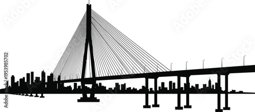 Cable stayed bridge skyline silhouette vector with urban cityscape, minimalist black architectural landmark illustration for travel, infrastructure, and modern design projects
