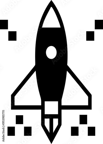 Line art icon of a rocket ship in flight with geometric patterns