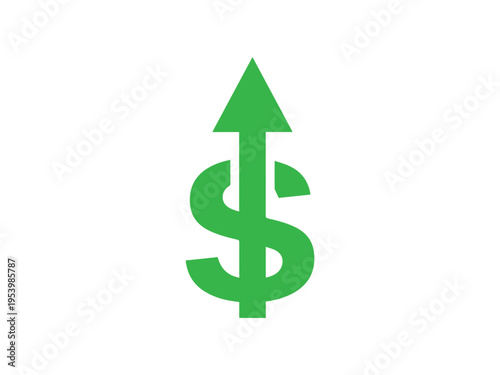 Green dollar symbol icon shows upward vertical arrow indicating strong financial growth and positive returns on investment.