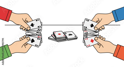 Four hands playing cards across a table with a deck in the middle.