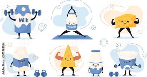 Cute dairy fitness characters collection with milk yogurt cheese butter exercising gym workout cartoon vector illustration set