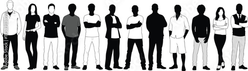 Diverse faceless people silhouette lineup vector set featuring men and women standing in casual outfits, modern minimal black and white character illustration for design use