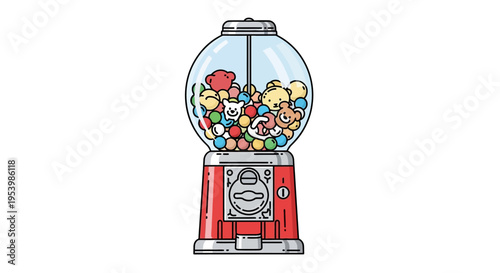 Vintage Red Gumball Machine Filled with Colorful Candies.